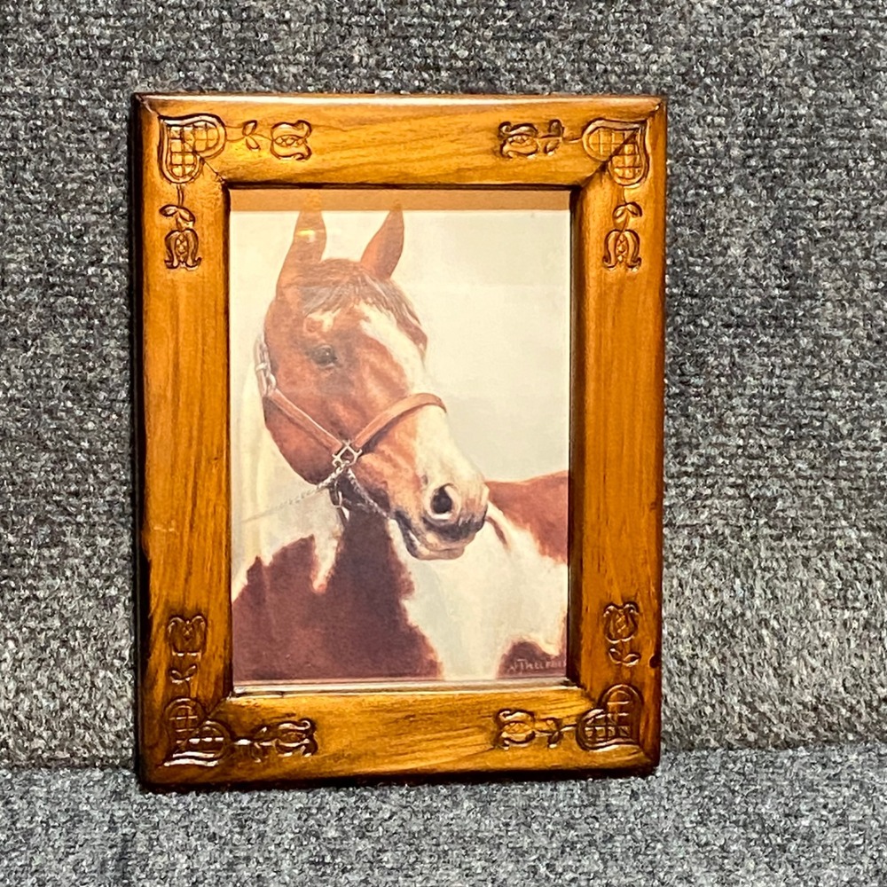 Vintage Horse Portrait Print by Vi. Thurmond in Carved Wood Frame Rustic Western